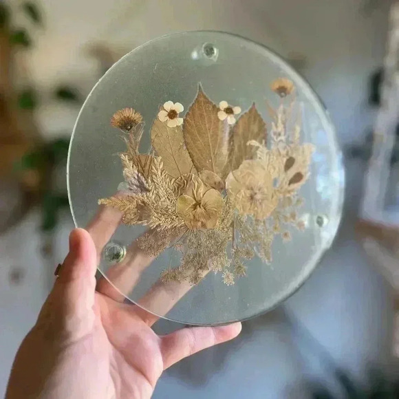 Vintage Glass Trivet with Pressed Dried Flowers 8" Wide Boho Style - Picture 6 of 7